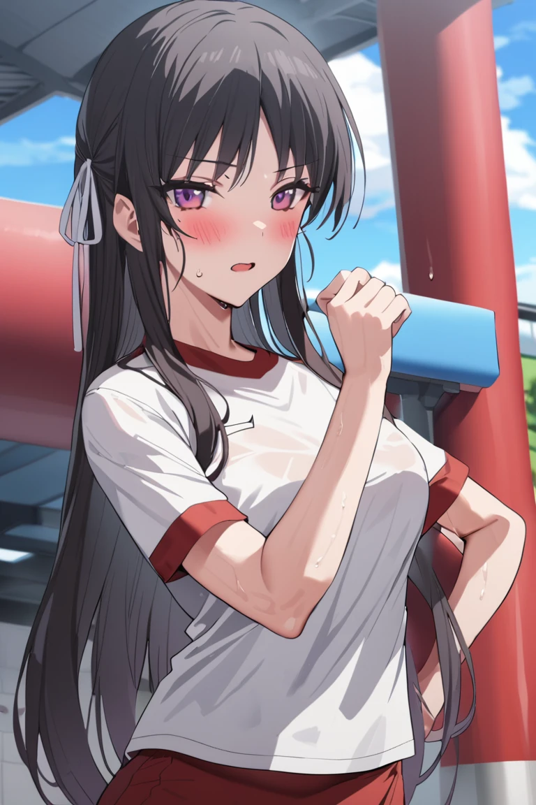 masterpiece, best quality, , cute,
1girl, solo, female, horikita suzune, red eyes, purple eyes,  long hair, black hair, hair ribbon, 
gym unifrom, white tshirt, red pants, outdoors, sweat, working out, , blush,  ,cowboy shot, looking at viewer, colorful, vivid, best quality, absurdres, best aesthetic <lora:Horikita_Suzune_XL-000009:1>