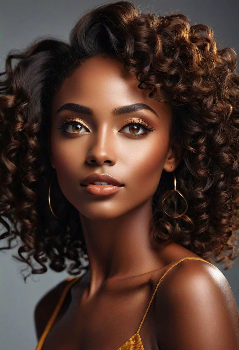 portrait of Beautiful ebony skinned woman, (heart-shaped face), high cheekbones, impeccably shaped arched eyebrows, amber eyes, delicate nose, short curly, slender but curvy,   profile shot