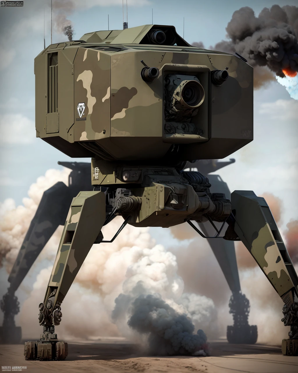 best quality,masterpiece,highly detailed,ultra-detailed,   <lora:battlerobot:1>
 battlerobot, science fiction, no humans, non-humanoid robot,military vehicle, machinery, machine gun, cdigital camouflage, rocket launcher, robot,4 legs, smoke grenade,