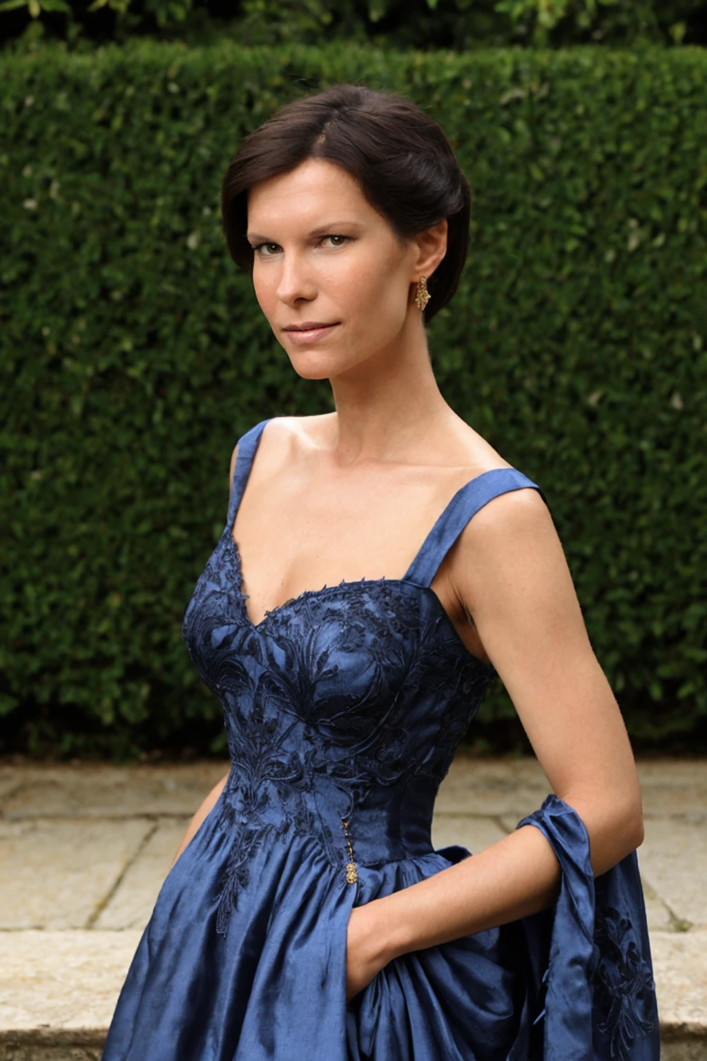portrait of SuzannaAye, wearing an elegant dress, at a renaissance garden <lora:LoHA_SuzannaAye_limitlessvision_v30_SD1.5_240224:1>