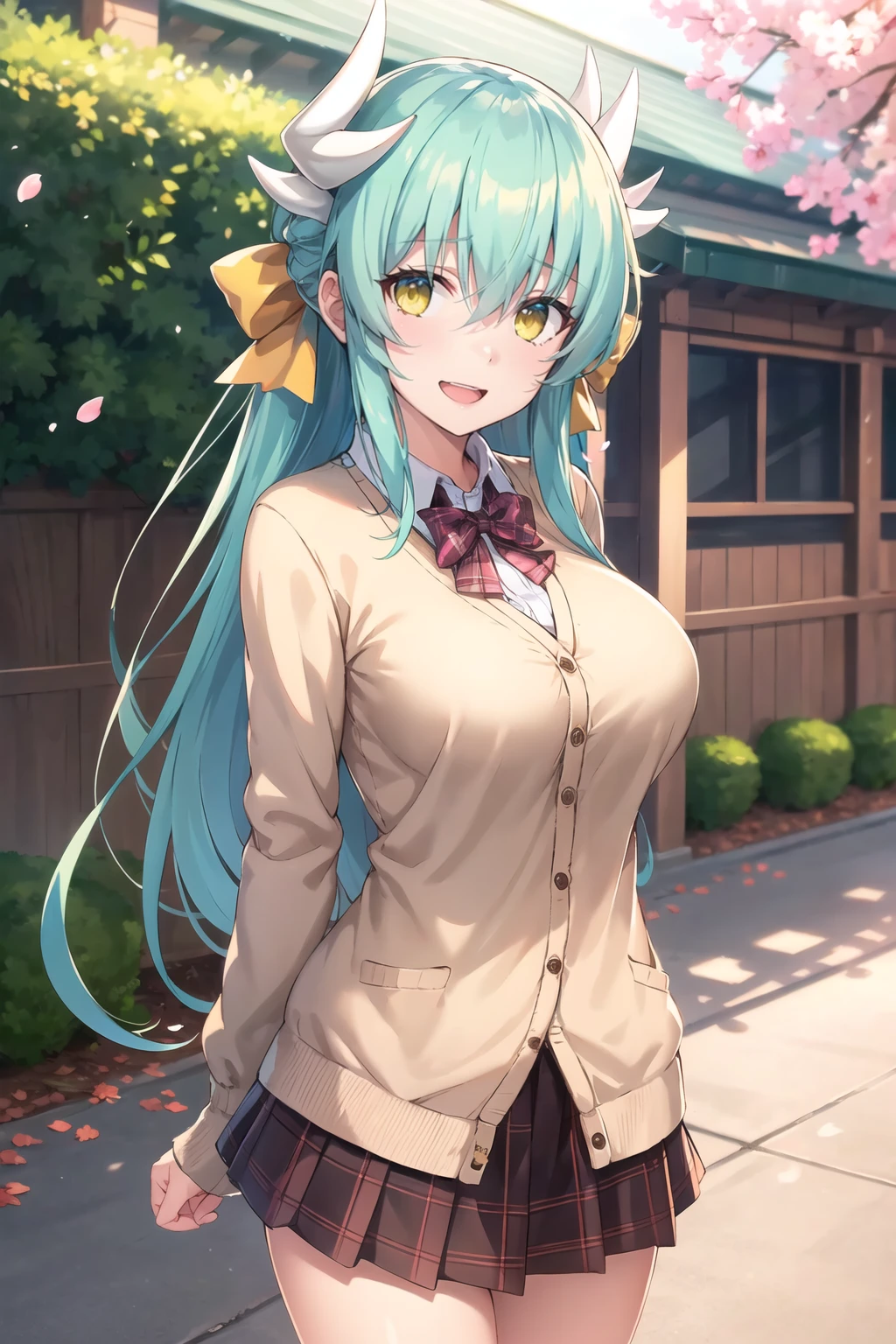 masterpiece, best quality, highres, aakiyo, long hair, aqua hair, white horns, hair bow, yellow bow, yellow eyes, <lora:kiyohime_(lancer)_v1:0.7>, (cardigan), plaid skirt, arms behind back, smile, open mouth, petals, outdoors, big breasts , <lora:rokushou-Style_1382560:1>