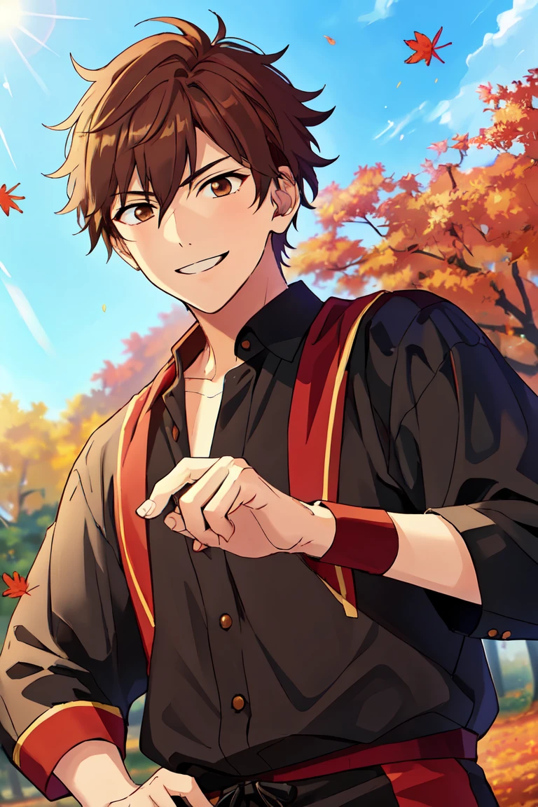 (((best quality, high resolution, masterpiece, very detailed))), <lyco:husbandoLocon_v4:0.7>, anime screencap, 1boy, solo focus, male focus, short hair, depth of field, muscular male, outdoor, smile <lora:Chiaki_Morisawa:0.7> chiakimorisawa, brown hair, brown eyes, autumn, autumn leaves, very aesthetic,