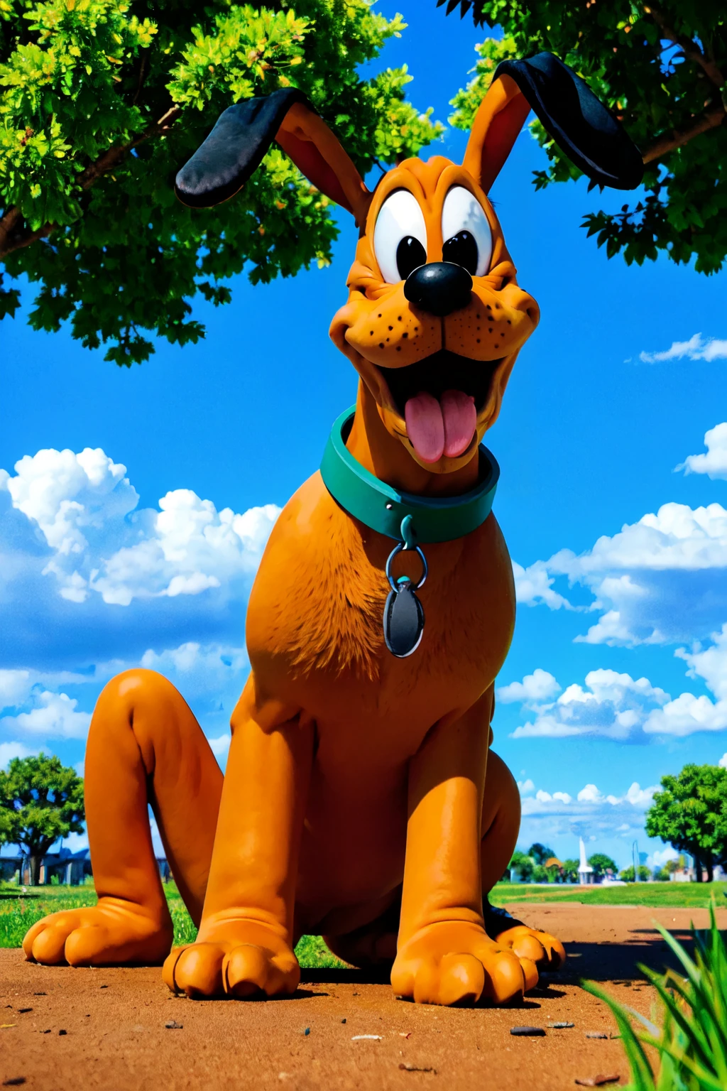 walking in a park, trees, blue sky, white clouds,  highres, ultra detailed, sharpen picture, Highly detailed, masterpiece, best quality, no human
 <lora:plutoLoRA:0.8> collar, pokemon (creature), no humans, dog, tail, animal ears, rabbit ears