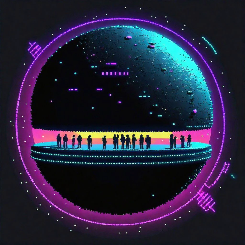 a neon small floating planet, party people standing around it, ascii_art, in DARK space, 80s space art, simple pixel style, 
,very detailed,