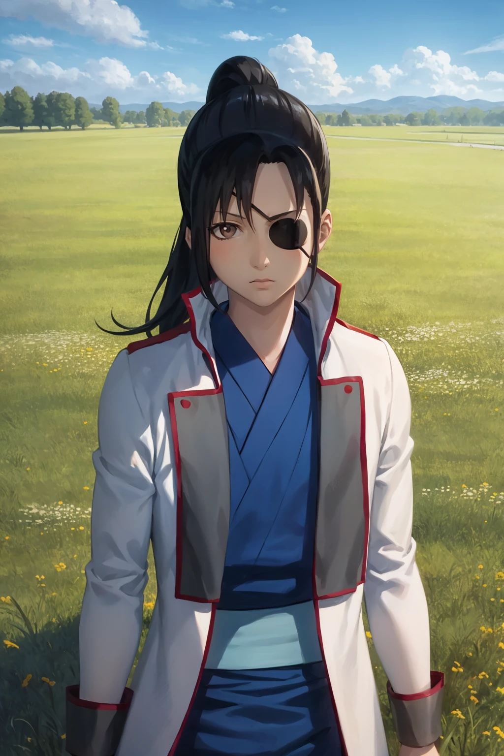 masterpiece, best quality, 1girl, kyuubeiyagyuu, black hair, ponytail, brown eyes, eyepatch, coat, japanese clothes,
upper body, looking at viewer, solo, grass, blue sky, meadow background <lora:KyuubeiYagyuu:1>