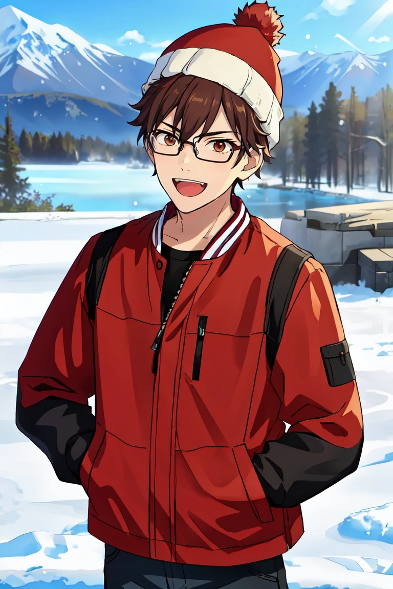 (((best quality, high resolution, masterpiece, very detailed))), <lyco:husbandoLocon_v4:0.7>, anime screencap, 1boy, solo focus, male focus, short hair, depth of field, muscular male, outdoor, smile <lora:Chiaki_Morisawa:0.7> chiakimorisawa, brown hair, brown eyes,winter, winter clothings, jacket, beanie, Flushed, heavy breathing, glasses, snowy mountains, :D,