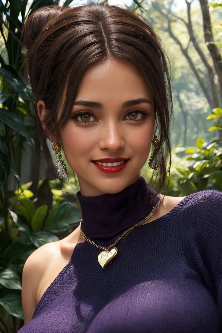 Close-up, portrait of a mature woman, watercolor, forest nature background, red lips, smile, heart necklace, black hair, hair bun, large breasts, purple turtleneck, Jean Baptiste Monge, Thomas Kinkade, David Palumbo, Carne Griffiths, Studio Ghibli Genshin Impact,IDLana8