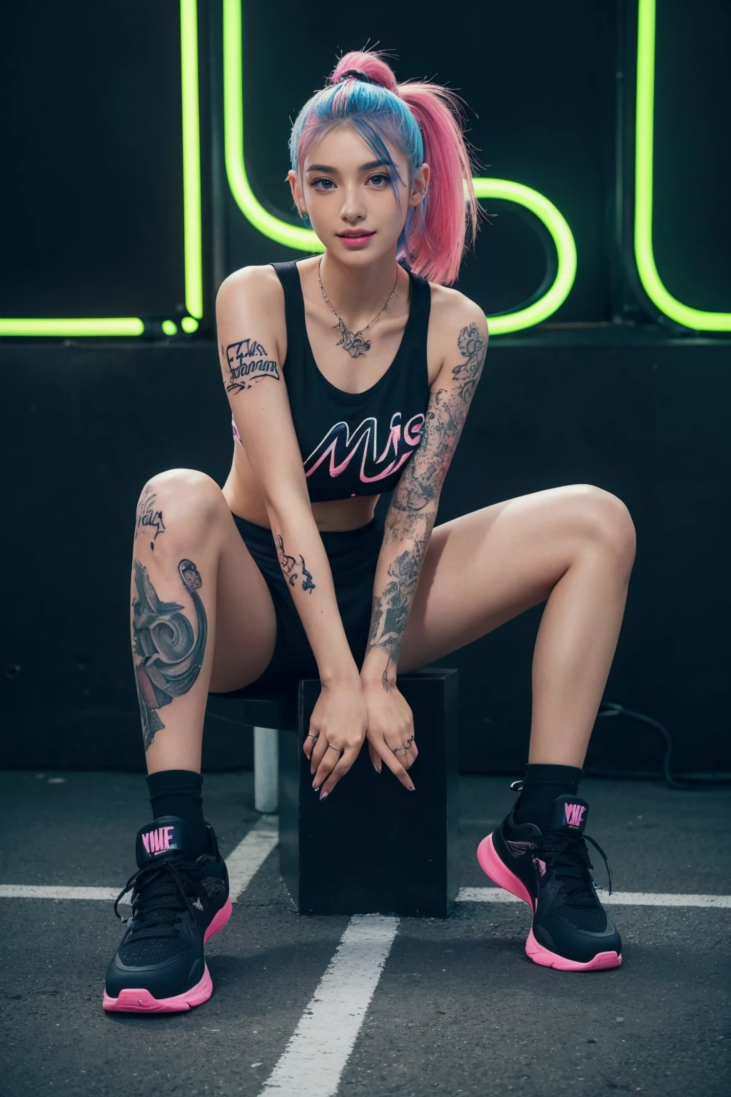 a  neon girl  wearing a black outfit and black Nike sneaker (ring on the nose), standing lean back on the wall, ((Ellie Williams tattoo on left arm)), ((neon hair color)), (full body shoot), (smile),  best consistency, styler,  <lora:cnb5c5le878c73ajdjs0:0.1> milesa, <lora:add-detail-xl:0.8>, 8k, best quality, masterpiece, realistic, ultra detail, photo-realistic, Increase quality, jagged edges, navy, natural beauty, [:(detailed face:1.2):0.2] ,<lora:more_details:0.3>, <lora:DetailedEyes_V3:0.8> ,
