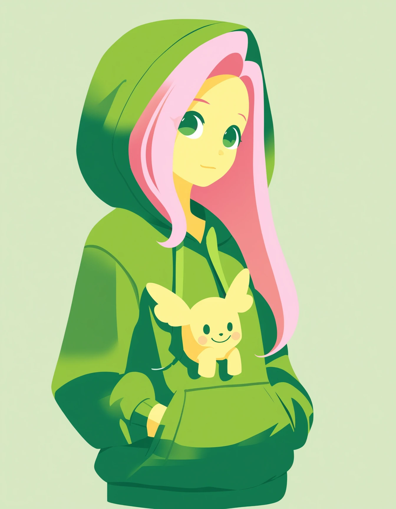 sexy score_9,score_8_up,score_7_up,score_6_up,score_5_up,score_4_up,rating_safe,minimalist lineless art,pony,fluttershy,(wearing a green hoodie),