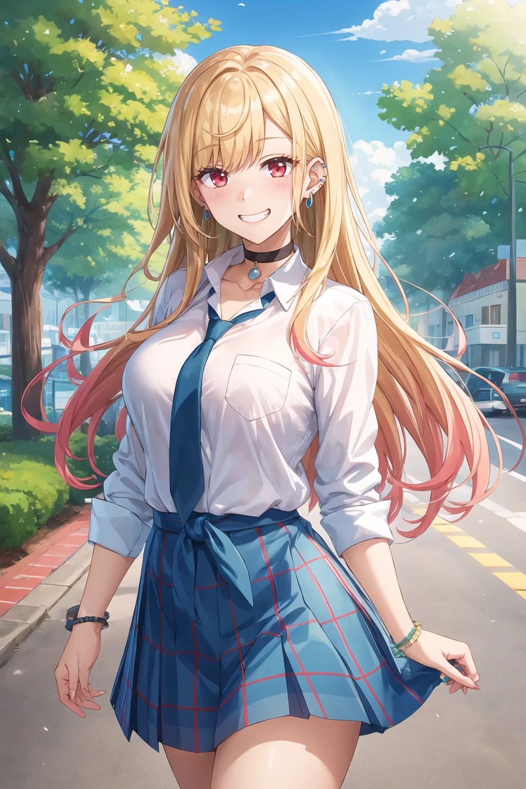 masterpiece, best quality, highres, kitagawa marin, 1girl, blonde hair, long hair, multicolored hair, red eyes, jewelry, earrings, piercing, school uniform, white shirt, tied shirt, black choker, blue necktie, plaid skirt, <lora:kitagawa_marin_v1-1:0.7>, grin, smile, standing, cowboy shot, outdoors, blue skirt <lora:Pokoten-Style_1239456:1>