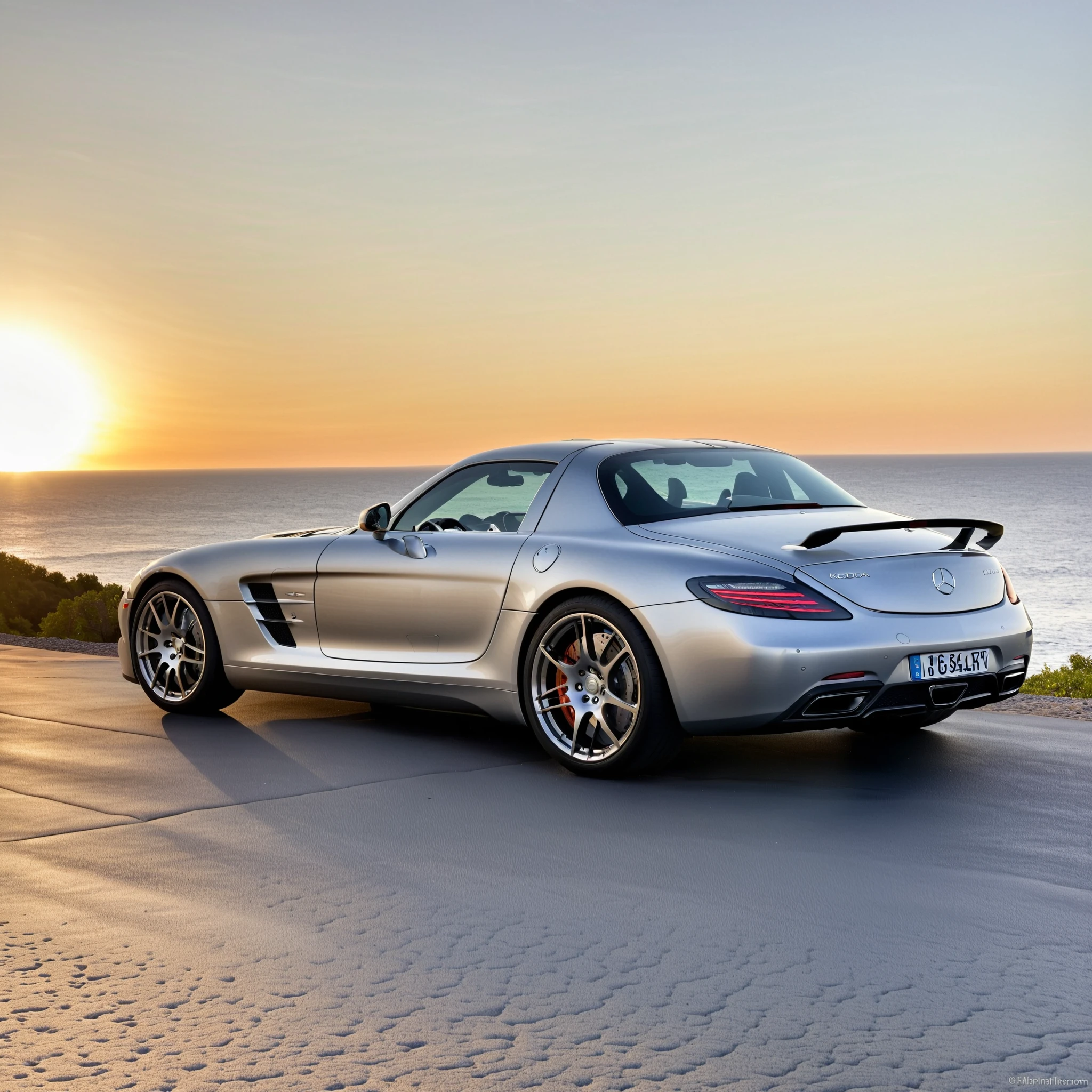 Mercedes Amg SLS, seashore, parked, sunset, HD, masterpiece, best quality, hyper detailed, ultra detailed, 4k, symmetry, great composition, cinematic, dramatic ambient, dynamic light, cute, divine, highly saturated colors, atmosphere, beautiful, perfect, stunning, full color, elegant, sharp focus, very inspirational, professional thought, epic