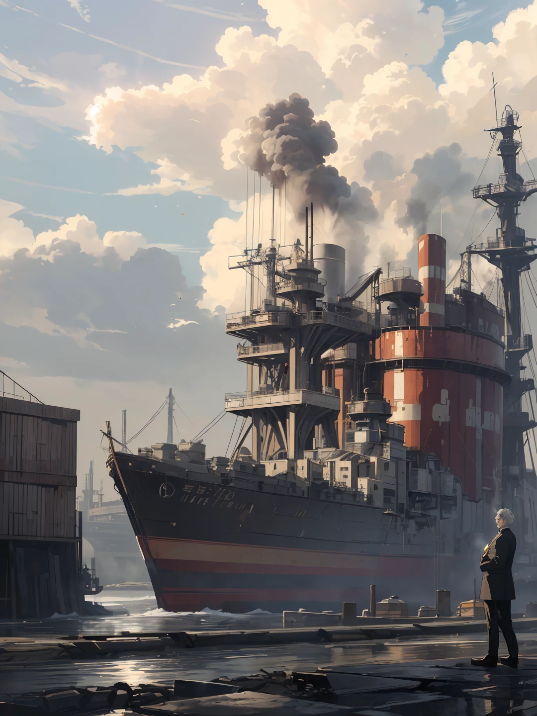 ((extremely detailed illustration)), highres, ((extremely detailed and beautiful background)), (professional illustrasion), (official art), ((Ultra-precise depiction)), ((Ultra-detailed depiction)), (beautiful:1.2 and aesthetic:1.2), beautiful detailed, intricate:1.1, light bloom, soft shadows, (bold line:0.6),
(A weathered veteran male), (gray-haired in appearance), (rugged face), ((eyes are sharp but kind)), ((Short hair)) with a (mixture of gray hair). ((hair is carefully arranged in an all-back)), (wears a pomade), (well built), ((smart and yet strong)), (Dark eyes), neatly trimmed goatee, (handsome), intelligent and brave, smile thinly, standing against the wall, crossed arms,
((A brown and cream large windowpane check suit)), (a beige shirt), (a brown necktie), (brown monk strap shoes), a brown leather belt, (an antique gold pocket watch)
, A grand industrial city featuring a colossal port for airships to dock and depart. Smoke rising from chimneys fills the air amidst the clamor of factories, while airships navigate through the bustling harbor.