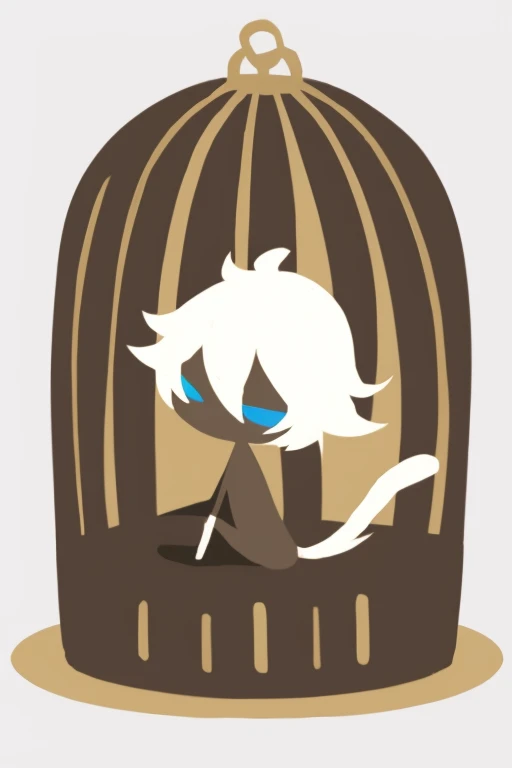 masterpiece, best quality, <lora:style23:1>,cage, no lineart, blue eyes, 1girl, birdcage, solo, flat color, short hair, tail, chibi, white hair, no mouth, white background, ahoge, sitting, simple background, cat tail, shadow, black skin