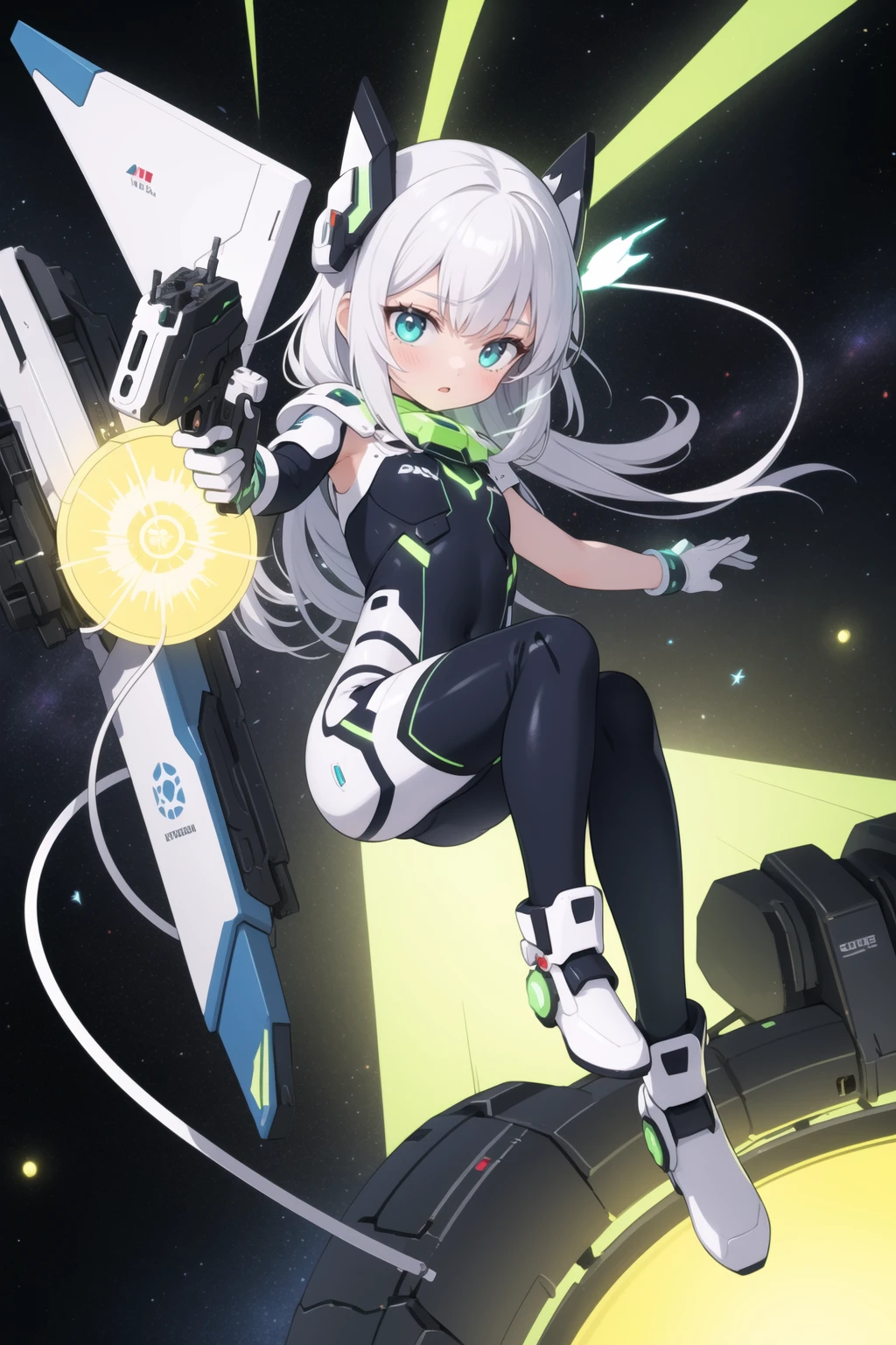 masterpiece, best quality, 1girl, levitation, half mecha bodysuit, cable, green aura, (glowing effect), colorful, dynamic pose, holding space gun