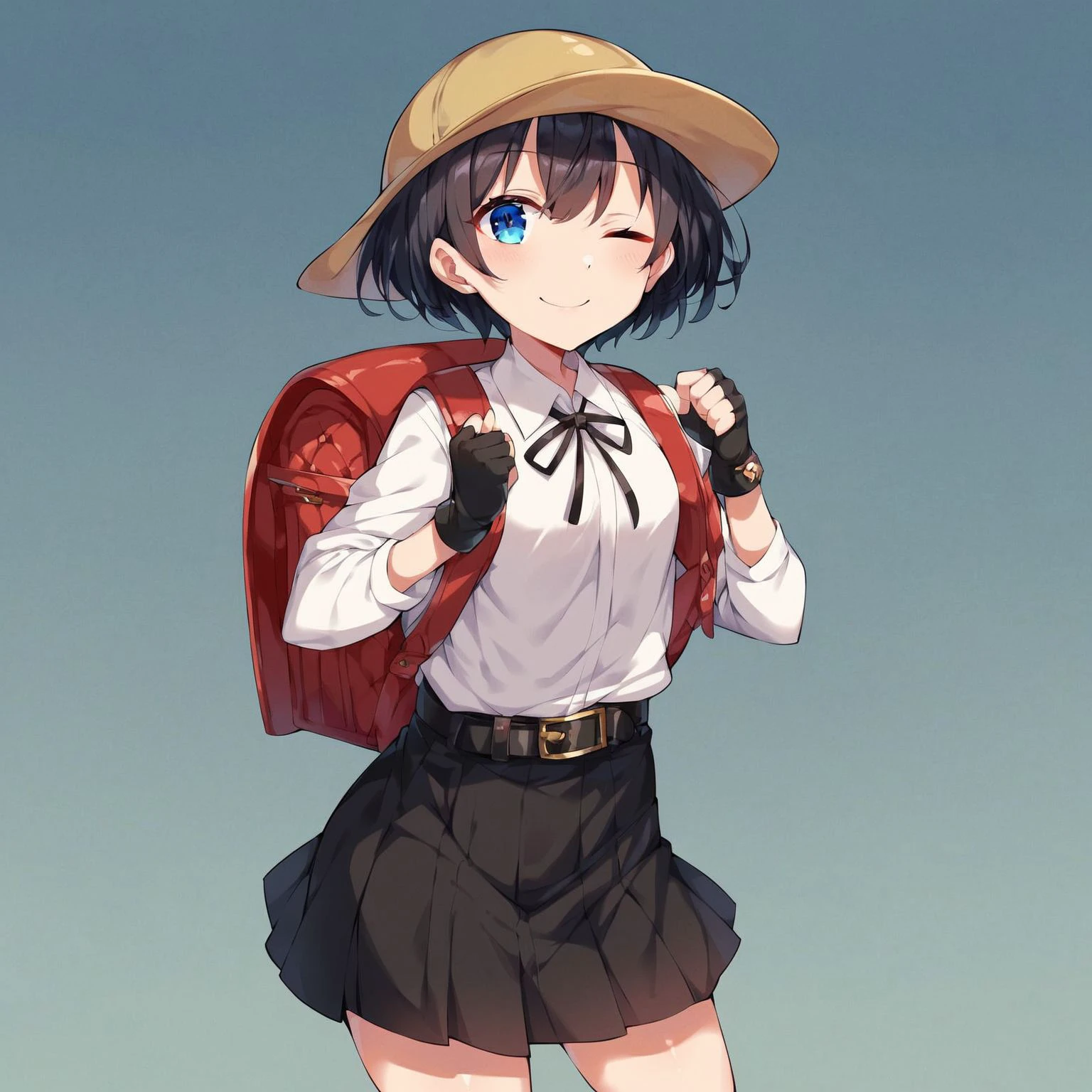 <lora:randoseru_XL_pony:1>
score_9, score_8_up, score_7_up, BREAK source_anime, best quality, masterpiece,
1girl, solo, randoseru, backpack, bag, belt, black gloves, black hair, black skirt, blue background, blue eyes, closed mouth, fingerless gloves, gloves, hat, long sleeves, looking at viewer, one eye closed, pleated skirt, short hair, simple background, skirt, smile, standing