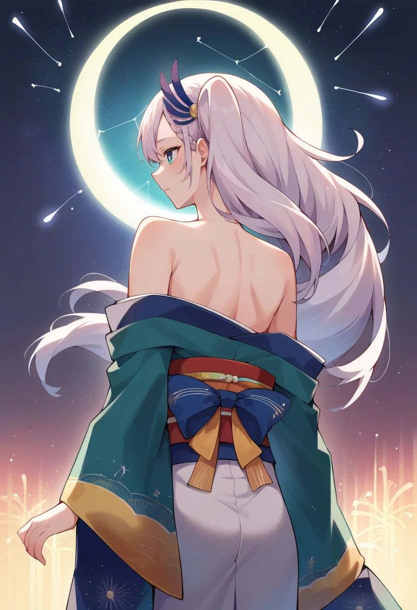score_9, score_8_up, score_7_up, 1girl, solo, PavoliaReine, bright pupils, long hair, side ponytail, feather hair ornament, aurora, back, bare back, bare shoulders, bow, constellation, crescent moon, fireworks, from behind, hair ornament, japanese clothes, kimono, light particles, long sleeves, off shoulder, <lora:CHAR-PavoliaReinePonyXL:1>