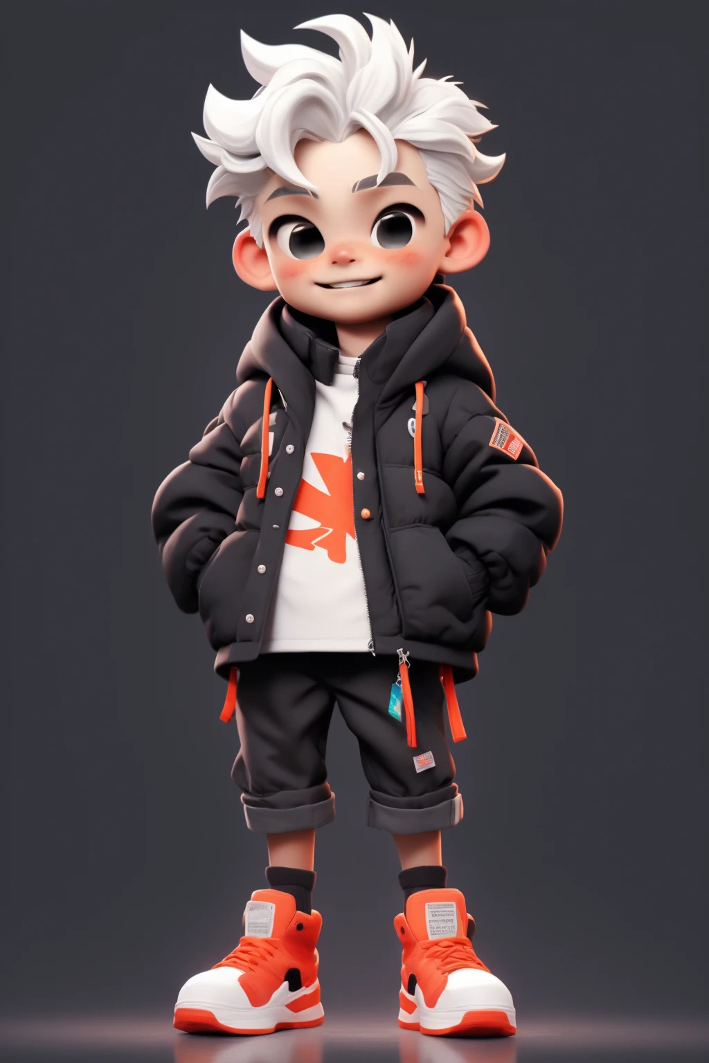 popmart,1boy,black jacket,white hair,cool