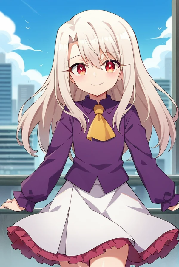 score_9, score_8_up, source_anime, 1girl, illyasvielvoneinzbern, illyasviel von einzbern, long hair, red eyes, white hair, skirt, shirt, long sleeves, boots, ascot, white skirt, frilled skirt, purple shirt, looking at viewer, smile, cityscape, blue sky <lora:illyasviel_von_einzbern-sdxl-nochekaiser-000008:1>