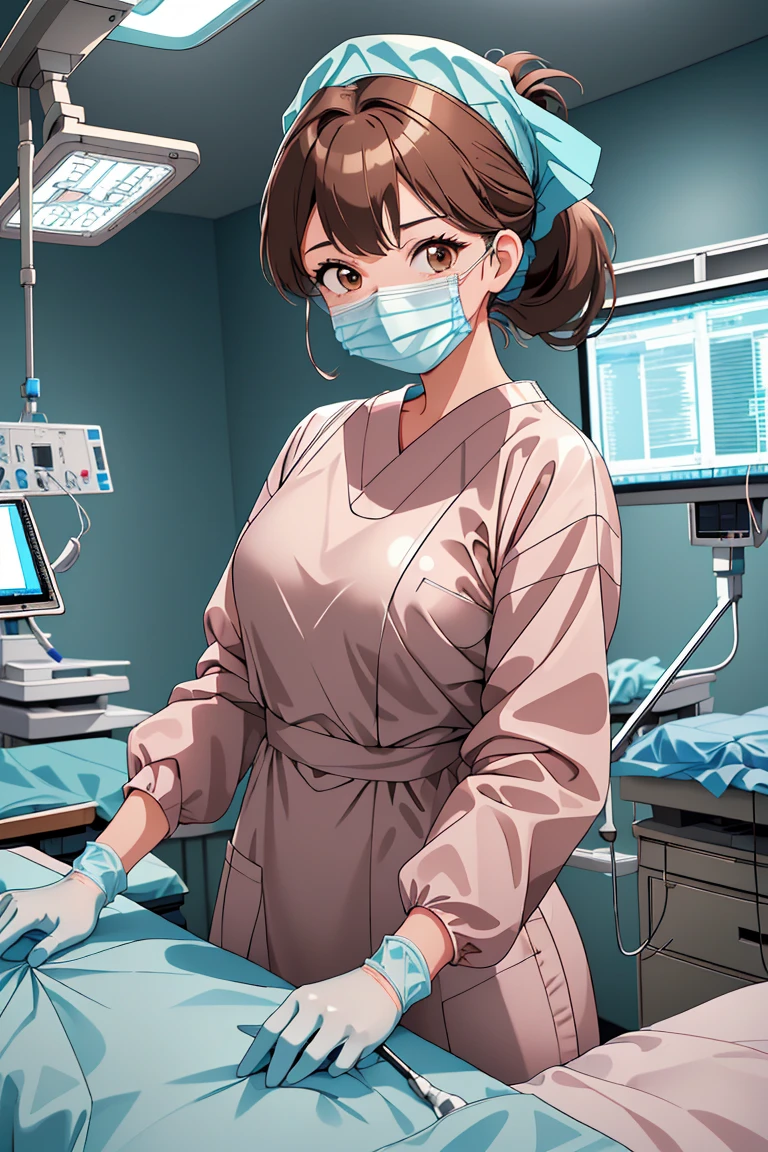 (RAW photo, best quality), 1girl, operating room, overhead surgical light, dslr, blurred background, focused,
 <lora:Klaviana_V1.0-000006:0.6> (klaviana,brown hair, brown eyes,folded ponytail, 1990s (style)), 
 <lora:surgical_v3:0.8> surgical_uniform_3.0, surgical mask, gloves,surgical cap,long sleeves,