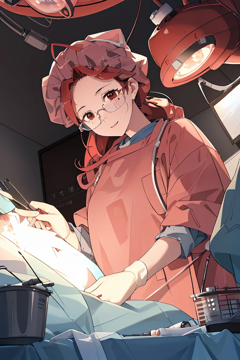 (RAW photo, best quality), 1girl, operating room, overhead surgical light, dslr, blurred background, focused,
<lora:Claudia_Suzuki_V1.0-000006:0.6> (claudia suzuki, mature female, semi-rimless eyewear, red hair, long hair, brown eyes, antenna hair),
long sleeve surgical outfit, surgical mask, surgical gloves, surgical cap,
 <lora:concept_surgery_cap_v1_1:1> surgery_cap, surgical mask, long sleeves,