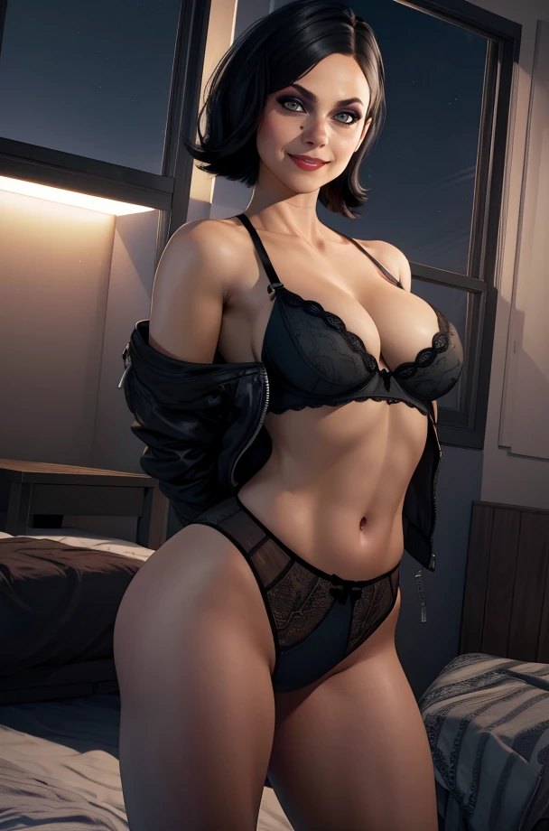 helen,grey eyes,black hair,medium hair,
jacket,cleavage,smile,black underwear,  arms behind back, 
black lingerie,navel,
standing,
night,indoors,
(insanely detailed, beautiful,masterpiece, best quality) solo,<lora:Park:0.8>,