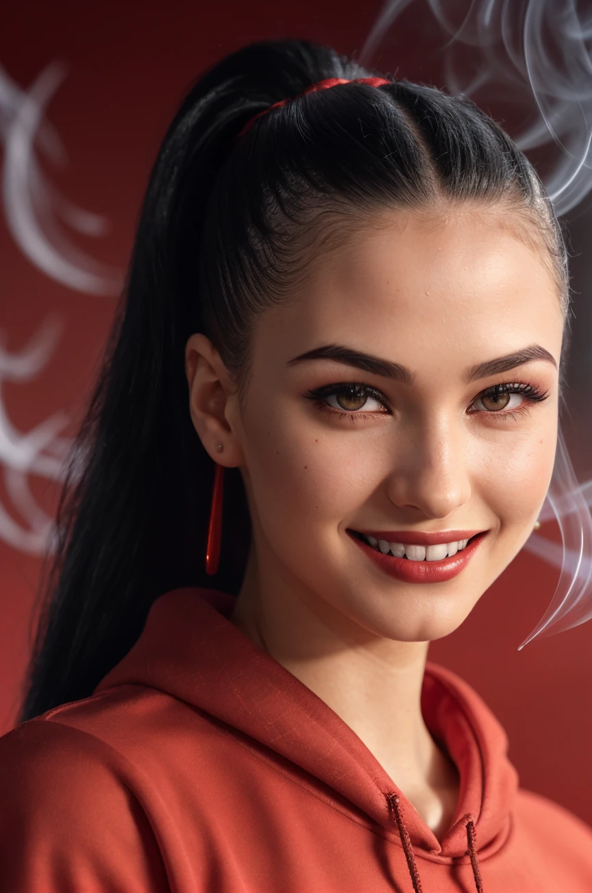 DV_S2_Brunhilde_Vicious (Ponytail:1.4) ((RedTheme, Red backdrop:1.4)) (Close-Up Shot, headshot:1.4) wearing (Black sweatshirt :1.4) 35mm, F/2.8 ((Photo Focus, DOF, Aperture, insanely detailed and intricate, character, hypermaximalist, elegant, ornate, beautiful, exotic, revealing, appealing, attractive, amative, hyper realistic, super detailed, heresy flares)) (grin:1.4)(volumetric red smoke:1.3) (red lens flare:1.2)(sharpness:1.3)(details:1.3) (Facial Close up shot:1.4)