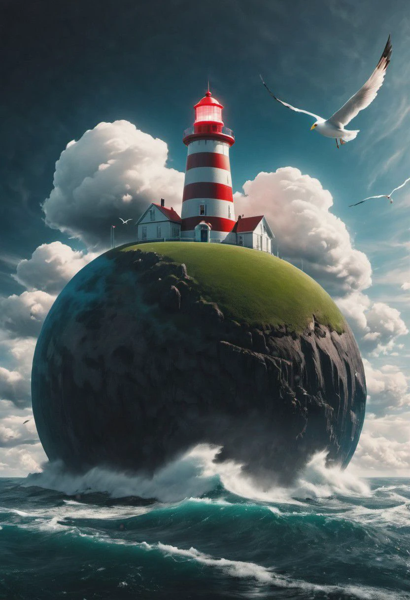 a small fluffy floating dreamy cloud planet in blue sky, with a giant red-white striped Lighthouse Standing on it, rough Coast, seagulls, electric thunderclouds, awesome cozy, fluffy, low-key, cinematic, deep blacks,