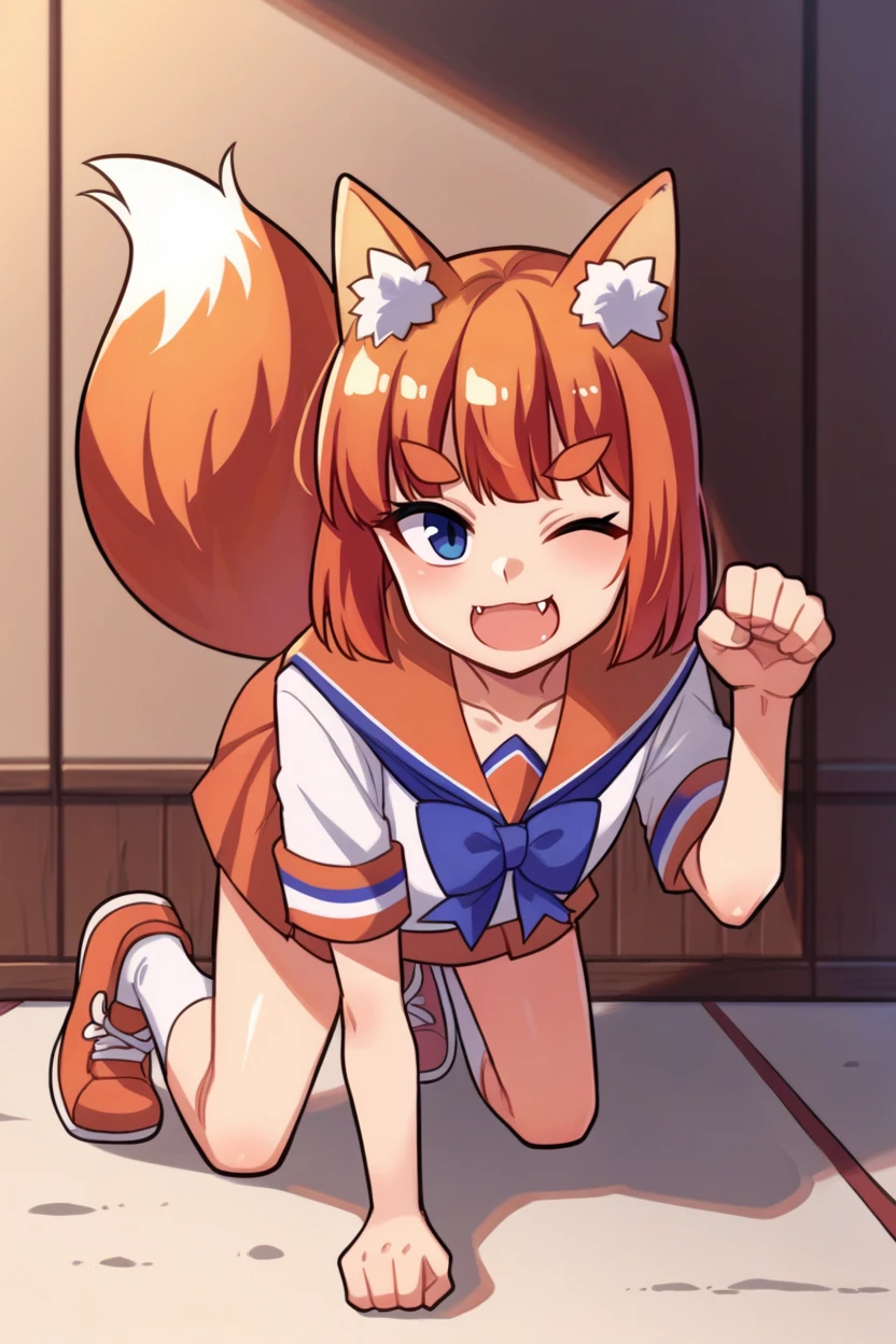 score_9, score_8_up, source_anime, 1girl, solo   <lora:ffchan-pdxl-nvwls-v1-000006:1> ffchan, fox ears, blue bowtie, white shirt, serafuku, short sleeves, orange skirt, fox tail, all fours, paw pose, wink, (:3), looking at viewer, fang, socks, sneakers