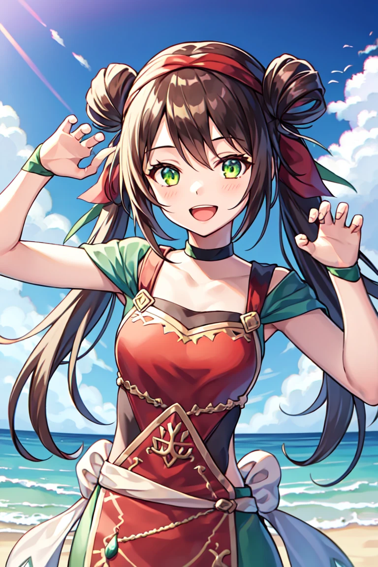 1girl, solo, open mouth, smile, claw pose, eom quilta, double bun, twintails, red headkerchief, green eyes, brown hair, red clothes