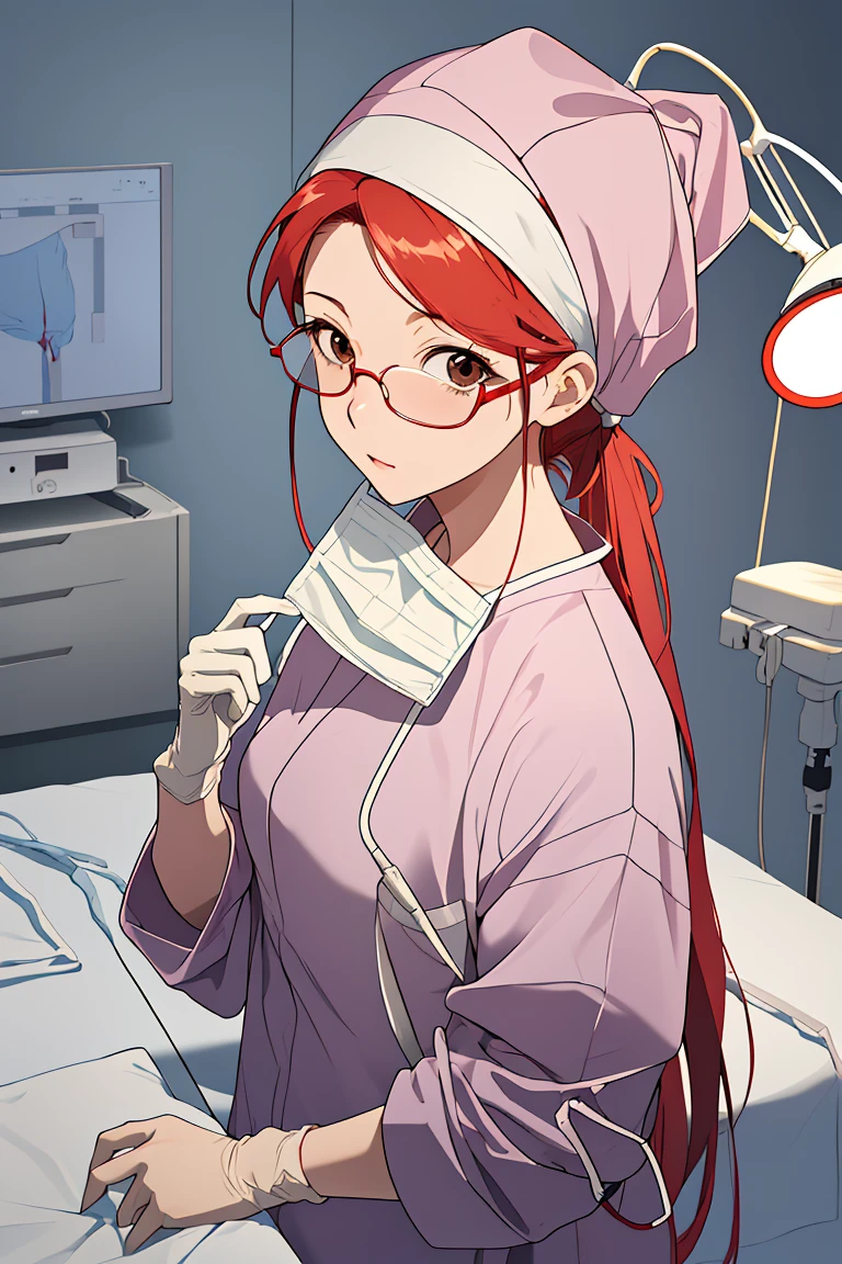 (RAW photo, best quality), 1girl, operating room, overhead surgical light, dslr, blurred background, focused,
<lora:Claudia_Suzuki_V1.0-000006:0.6> (claudia suzuki, mature female, semi-rimless eyewear, red hair, long hair, brown eyes, antenna hair),
long sleeve surgical outfit, surgical mask, surgical gloves, surgical cap,
 <lora:concept_surgical_mask_open_v2_1:0.95> surgical_mask_open, looking at viewer, upper body,