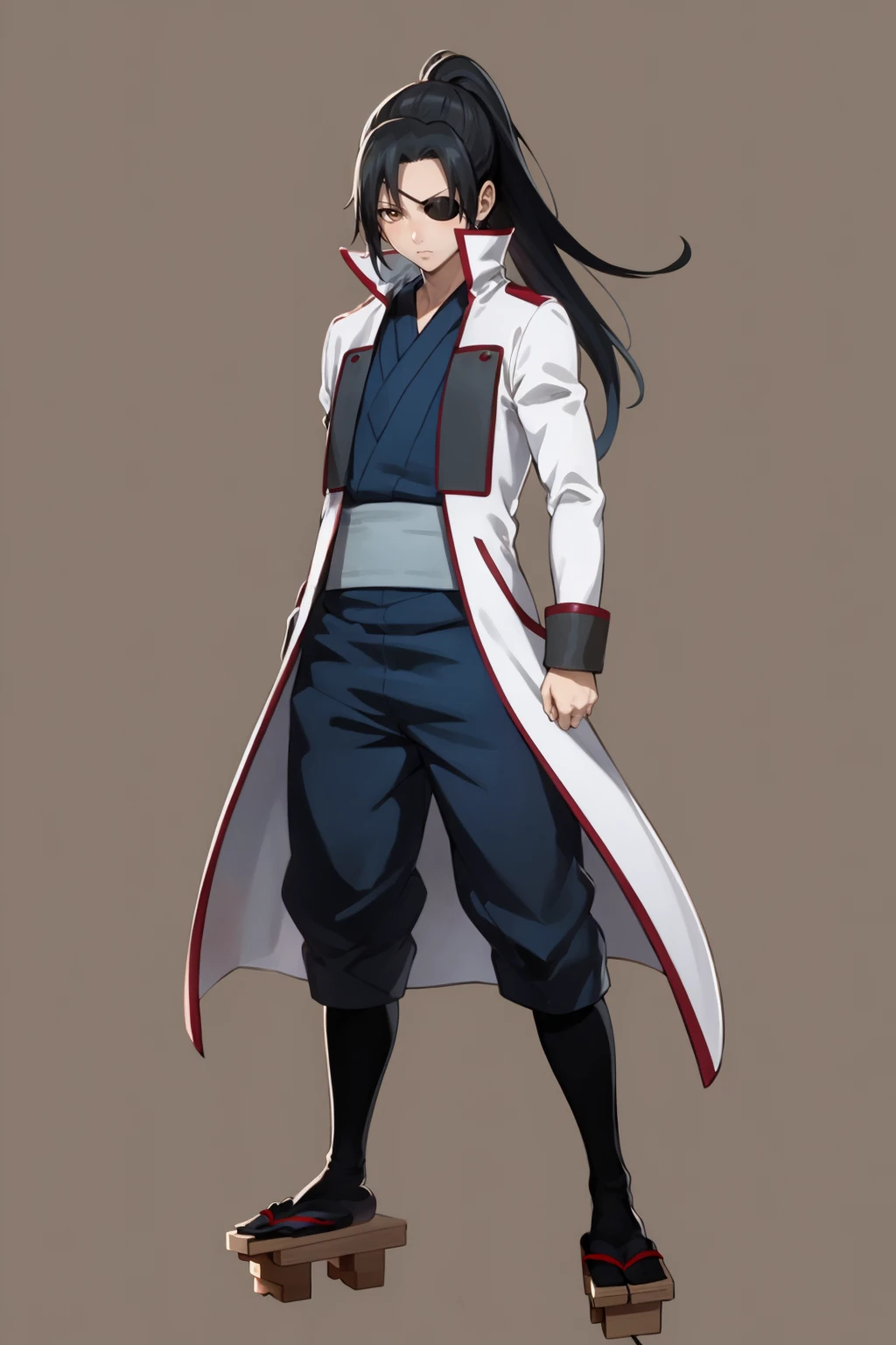 masterpiece, best quality, 1girl, kyuubeiyagyuu, black hair, long hair, ponytail, brown eyes, eyepatch, coat, geta, japanese clothes,
 full body, looking at viewer, standing, solo, simple background   <lora:KyuubeiYagyuu:1>