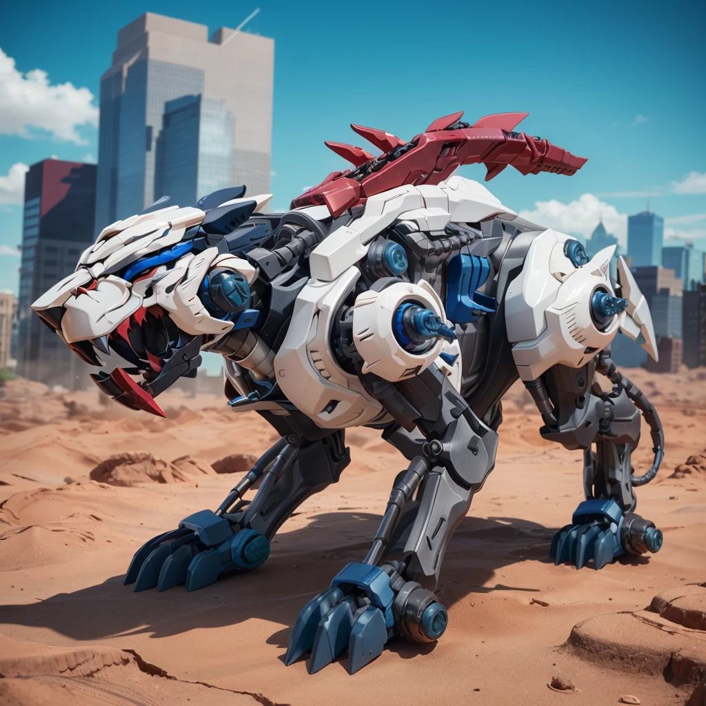 tgrzoid2024v2, blue mechanical tiger, 4 legs, robotic head, mecha, cybernetic, cyberpunk, armor, armored head, quadruped, best quality, zoids, new york city, blue metal
