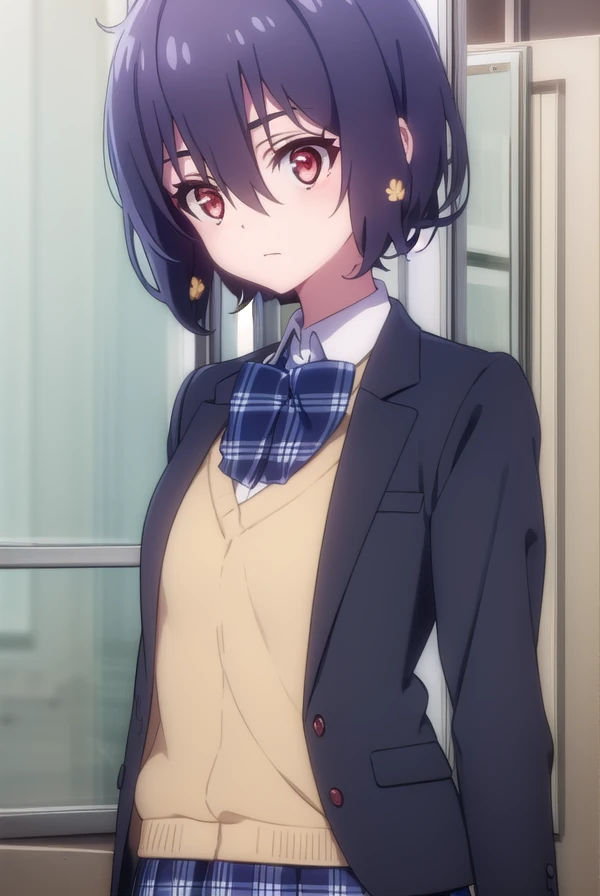 aimizuno, <lora:ai mizuno s2-lora-nochekaiser:1>,
ai mizuno, black hair, hair between eyes, (red eyes:1.5), short hair,
BREAK black jacket, black legwear, black neckwear, black skirt, blazer, brown footwear, collared shirt, flower, hair flower, hair ornament, jacket, loafers, long sleeves, miniskirt, open clothes, open jacket, plaid, plaid neckwear, plaid skirt, pleated skirt, school uniform, shirt, shoes, skirt, sweater, white shirt, wing collar, yellow flower, yellow sweater
BREAK indoors, classroom,
BREAK looking at viewer, (cowboy shot:1.5),
BREAK <lyco:GoodHands-beta2:1>, (masterpiece:1.2), best quality, high resolution, unity 8k wallpaper, (illustration:0.8), (beautiful detailed eyes:1.6), extremely detailed face, perfect lighting, extremely detailed CG, (perfect hands, perfect anatomy),