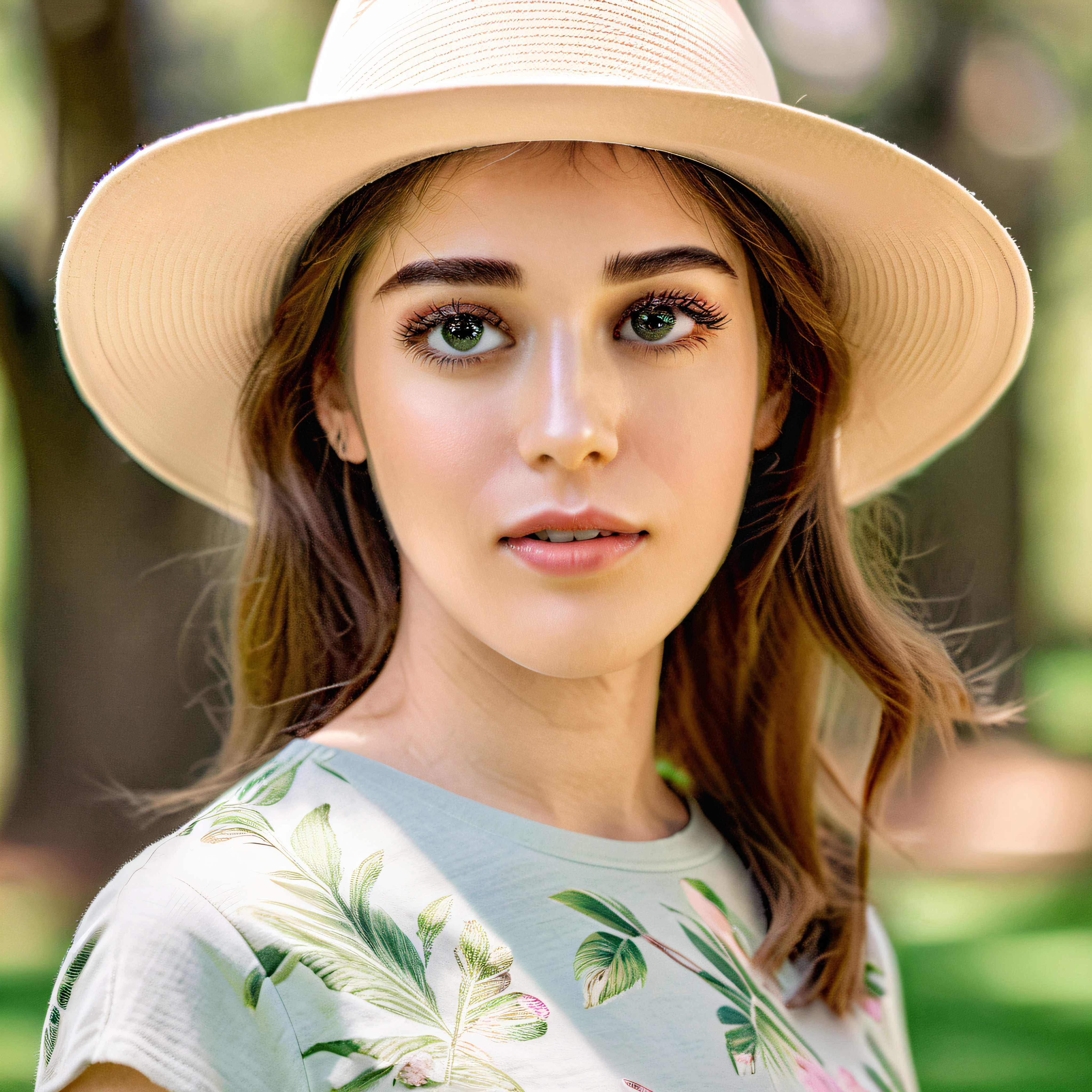 HD photo, portrait of (lizzy) wearing a fitted pastel-colored cotton t-shirt and small trendy hat for a spring walk in the park, rich details, (highly detailed textured skin with realistic details), skin pores, (highly detailed eyes with perfectly circular irises), elegant neck, (realistic and perfect teeth), 8K resolution, trending on Instagram, detailed photo, Canon EF 85mm f/1.4L, rendered in Octane Engine Unreal 5 with ambient light from the right side of her face, intricate details, blooming trees and flowers, dramatic lighting, hyper realistic, volumetric shadows, depth, bokeh, background, award winning photograph, portrait, studio photography