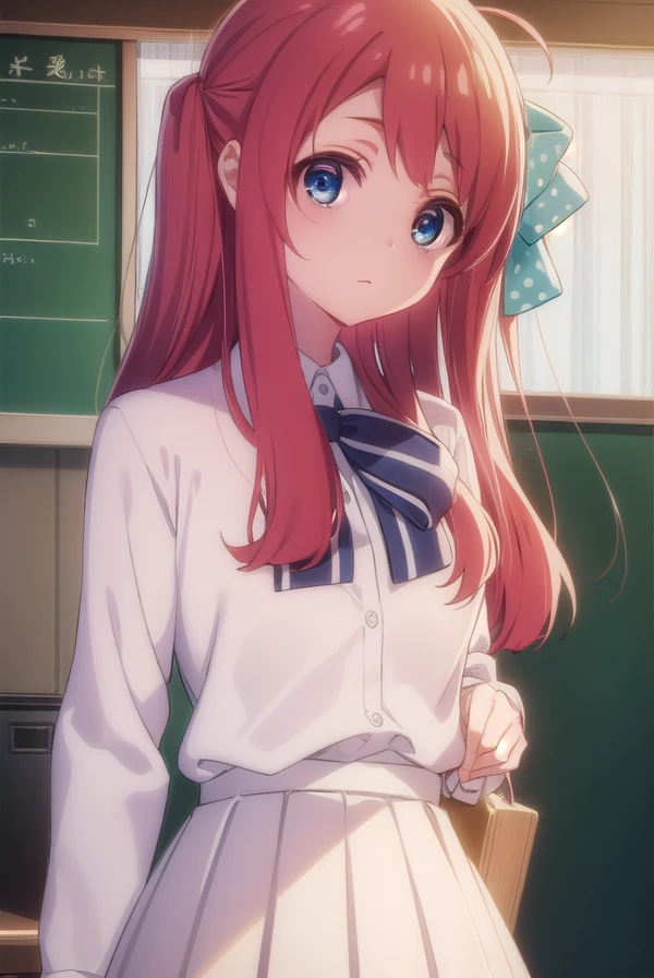 sakuraminamoto, <lora:sakura minamoto s2-lora-nochekaiser:1>,
sakura minamoto, blue eyes, long hair, red hair, one side up, hair bow, green bow, red bow, ahoge, polka dot, polka dot bow,
BREAK bowtie, long sleeves, school uniform, serafuku, skirt, white skirt,
BREAK indoors, classroom,
BREAK looking at viewer, (cowboy shot:1.5),
BREAK <lyco:GoodHands-beta2:1>, (masterpiece:1.2), best quality, high resolution, unity 8k wallpaper, (illustration:0.8), (beautiful detailed eyes:1.6), extremely detailed face, perfect lighting, extremely detailed CG, (perfect hands, perfect anatomy),