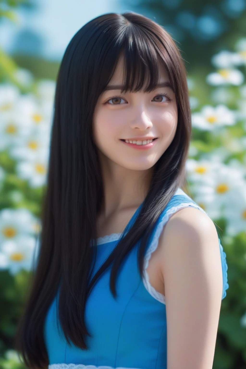 1girl,(RAW photo, best quality), (realistic, photo-realistic:1.4), masterpiece, an extremely delicate and beautiful, extremely detailed, 2k wallpaper, Amazing, finely detail, extremely detailed CG unity 8k wallpaper, ultra-detailed, highres, hard light, beautiful detailed girl, extremely detailed eyes and face, beautiful detailed nose, beautiful detailed eyes,cinematic lighting,perfect anatomy,
at a flower park,lakeside,sunshine
(wearing serafuku,blue skirt)
(grinning),long hair,hair with bangs, (black hair)<lora:MTAHashimotoKannaXL:0.8>,hashimotokanna