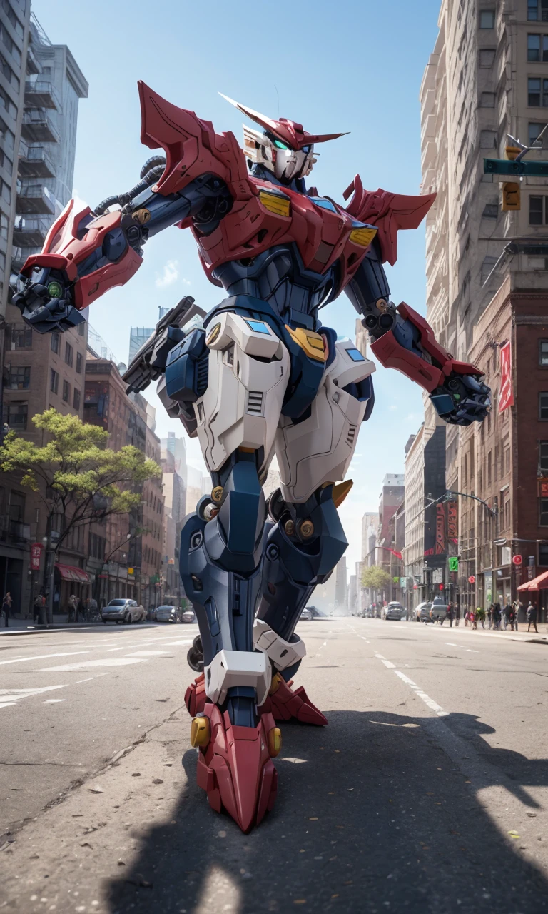 tgrzoid2024v2, blue mechanical tiger, 4 legs, robotic head, mecha, cybernetic, cyberpunk, armor, armored head, quadruped, best quality, zoids, new york city, blue metal, gundam