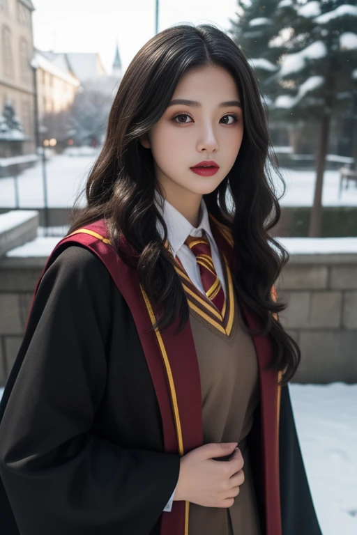 ltra-detailed,highly detailed,best quality,masterpiece,illustration,realistic,photorealistic,
1girl, solo, cosplay, 
gryffindor uniform, hogwarts school uniform, 
looking at viewer, upper body, 
outdoors, winter, photo background, 
 <lora:gryffindor uniform_v1_02:0.6>