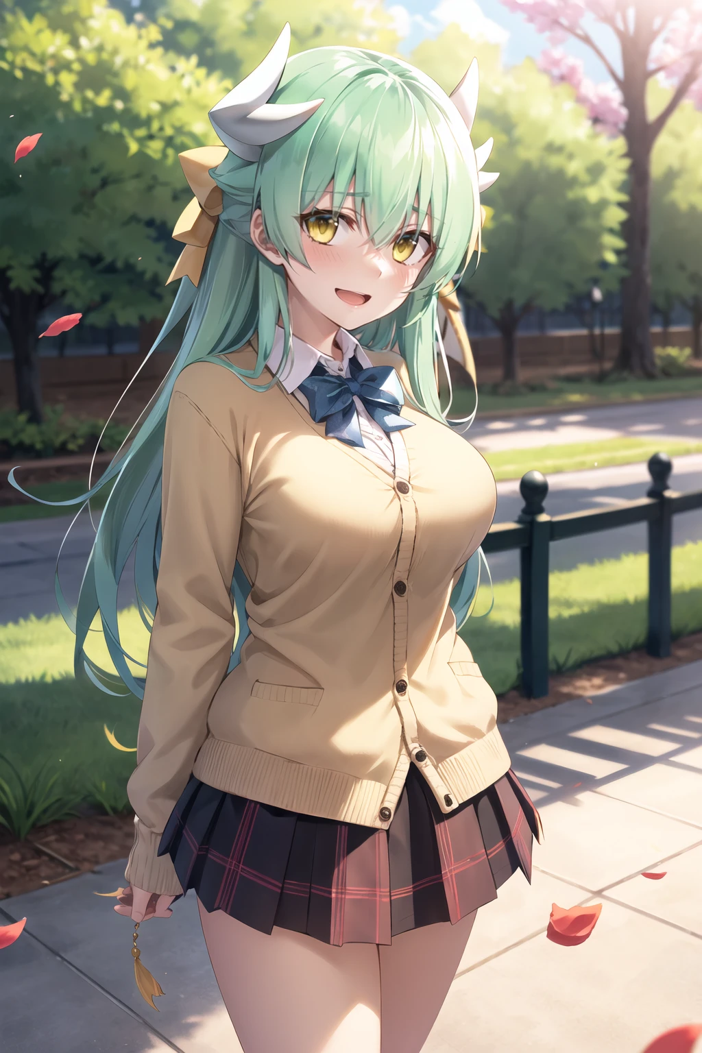 masterpiece, best quality, highres, aakiyo, long hair, aqua hair, white horns, hair bow, yellow bow, yellow eyes, <lora:kiyohime_(lancer)_v1:0.7>, (cardigan:1.2), plaid skirt, arms behind back, smile, open mouth, petals, outdoors, big breasts , <lora:mizunashi-Style_1290432:1>