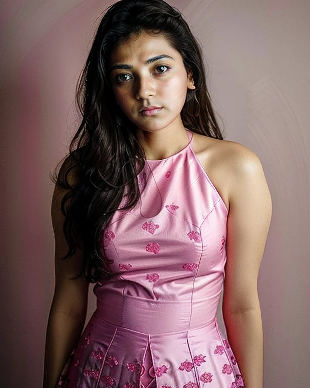 photo of kjag woman, conservatively dressed wearing high neck Pink clothing, looking at camera, shy expression, dark_brown_eyes, simple background <lora:kjag_Kajal_Aggarwal_SD15_LoRA_prodigy_local_regs:1>
