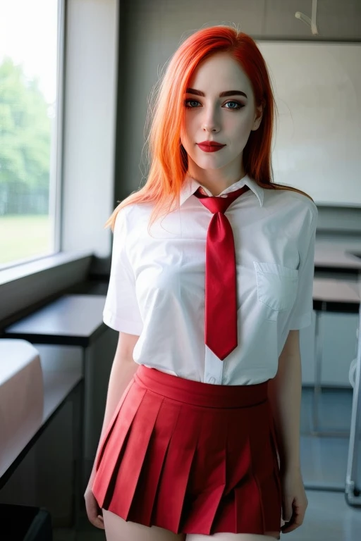masterpiece,best quality,absurdres,ultradetailed,8K,photorealistic,
1girl,
at distance,cowboy shot,
(playful gaze, smirking:1.1),makeup,
<lora:MollyRedWolf_640_128:0.7>,mollyredwolf,pale skin,blue eyes,
long hair,red hair,
school uniform,white shirt,pleated skirt,white thighhighs,(red skirt:1.3),(red necktie:1.3),
classroom,