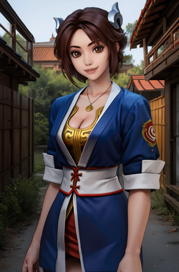 SuiLin,brown eyes,brown hair,short hair,hair ornament,
blue robes,necklace,cleavage,light smile,looking at viewer,
standing,upper body,
Chinese village,morning,
(insanely detailed, beautiful,masterpiece, best quality) solo,<lora:SuiLin:0.8>,