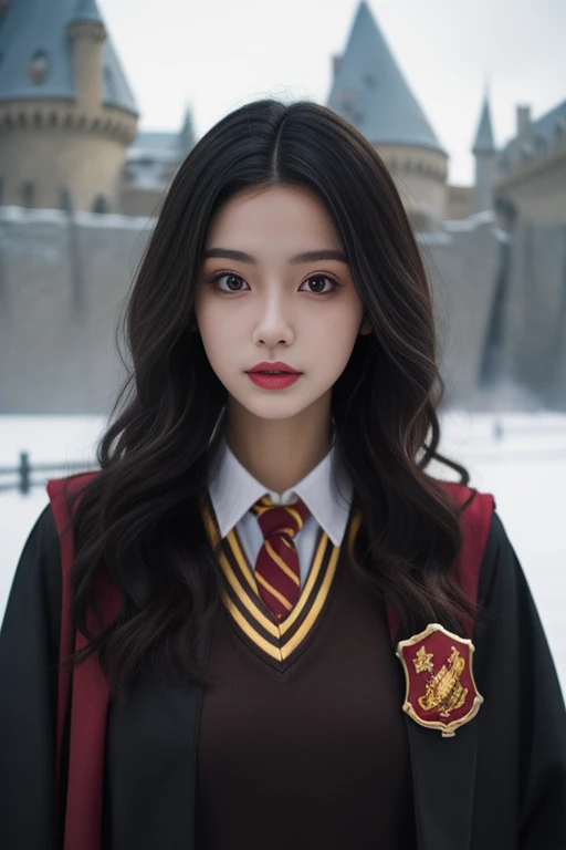 ltra-detailed,highly detailed,best quality,masterpiece,illustration,realistic,photorealistic,
1girl, solo, cosplay,
gryffindor uniform, hogwarts school uniform,
looking at viewer, upper body,
outdoors, winter, photo background,
<lora:gryffindor uniform_v1_02:0.7>