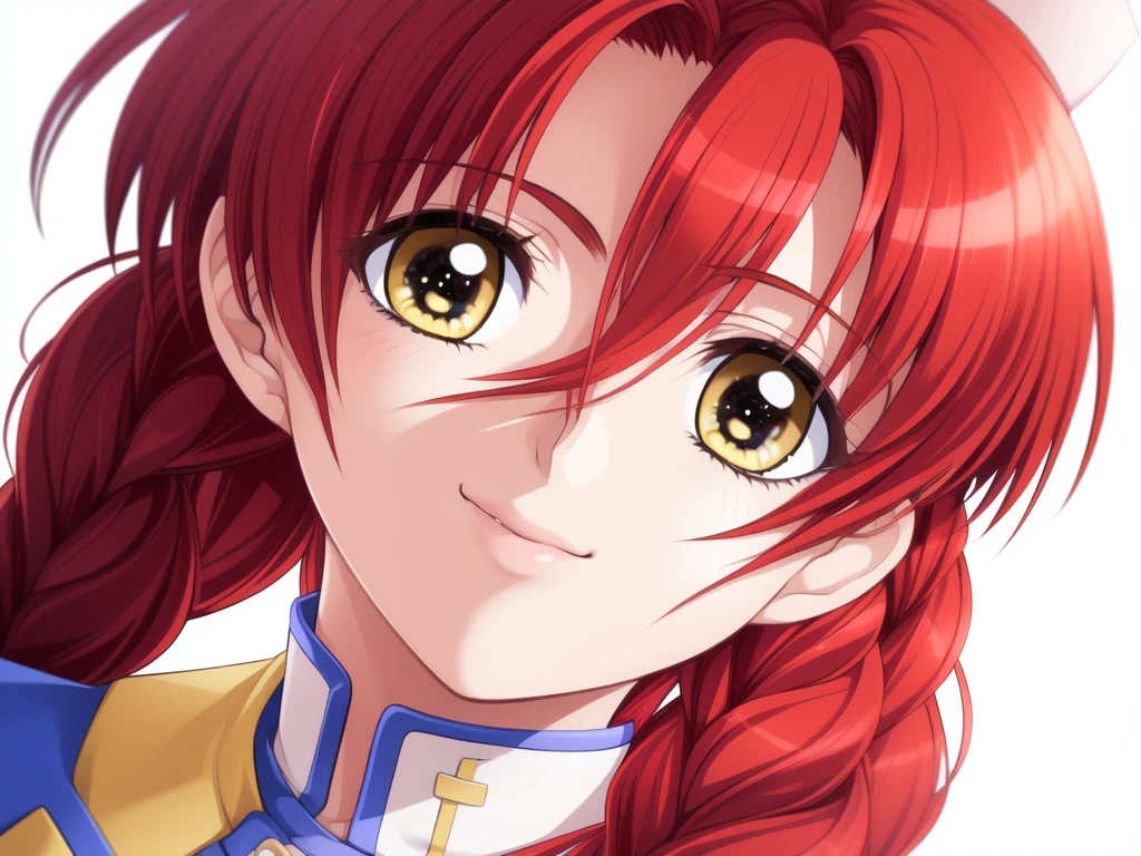 <lora:Makino_Rie:0.8>, MakinoRie, 1girl, solo, red hair, yellow eyes, hat, smile, braid, nurse, nurse cap, long hair, twin braids, looking at viewer, head tilt, close-up, hair between eyes, bangs,
masterpiece, high quality, very_high_resolution, large_filesize, full color,