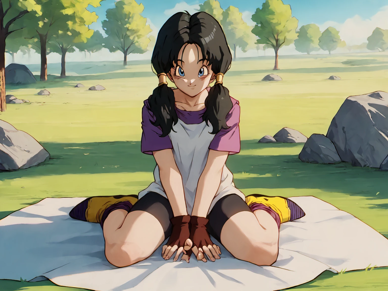 Videl, 1girl,  blue eyes, shadows,  blue eyes, pigtails, twintails, white shirt, purple shirt,  <lora:VidelSDXLMulti-Test-16-16-C-Test-2:0.85>, masterpiece, best quality,  absurdres, perfect lighting, score_9,  score_8_up, score_7_up source_anime, fingerless gloves, bike shorts, open field, trees, rocks, looking at viewer, scratches, light smile, sitting, meditating