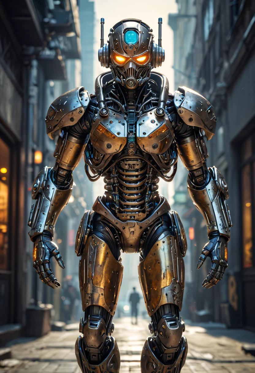 front shot of a cyberpunk gazmask robot character, intricate, elegant, highly detailed, centered, digital painting, artstation, concept art, smooth, sharp focus, illustration, artgerm, Tomasz Alen Kopera, Peter Mohrbacher, donato giancola, Joseph Christian Leyendecker, WLOP, Boris Vallejo, cybernetic limb factory, customizable robotic limbs, prosthetic enhancements, biomechanical engineering, <lora:crowd_notrigger:1.0>