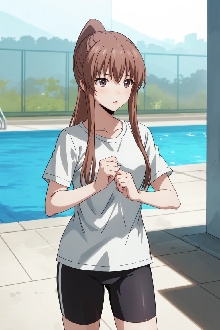 masterpiece, best quality, absurdres, 1girl,  
Kazane <lora:Kazane:0.8>, brown hair, long hair, brown eyes, ponytail, t-shirt, bike shorts,
BREAK  nice hands, perfect hands, <lora:GoodHands-beta2:0.8>, beaufitul hand, beautiful finger, outdoors, pool, sharp focus, (perfect anatomy), cowboy shot, [Cinematic lighting|Volumetric Lighting],