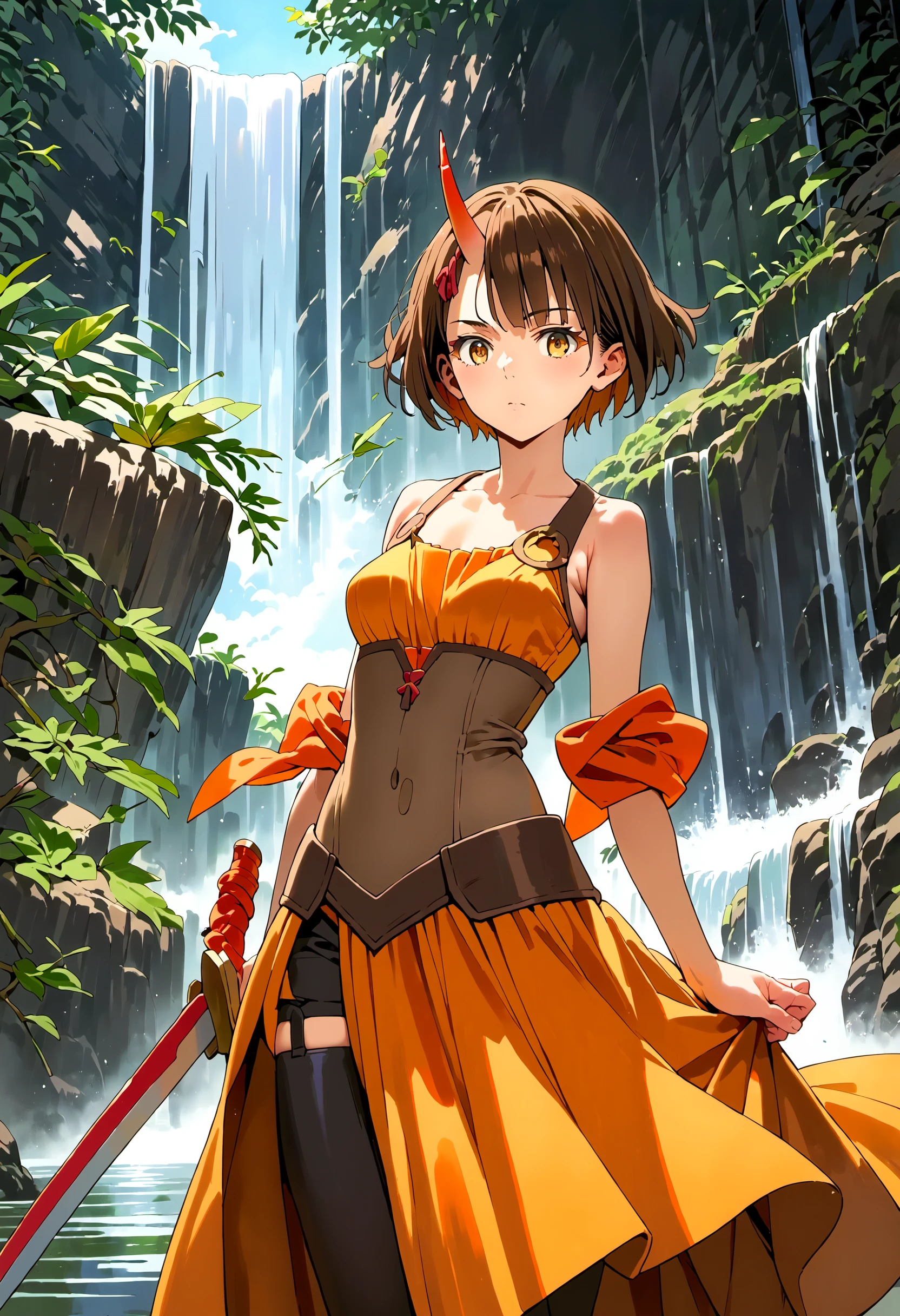 (score_9,score_8_up,score_7_up,score_6_up,score_5_up,score_4_up, source_anime:1.2), (anime: realistic :0.7), (1girl, Androssi:1.3), (short hair, brown hair, skincolored single horn, small horn:1.2), yellow eyes, medium size breasts, black battle dress, sword, outdoors, wind, facing viewer, detailed background, waterfall, perfect lighting ,
<lora:androssi_v10-000008:1>