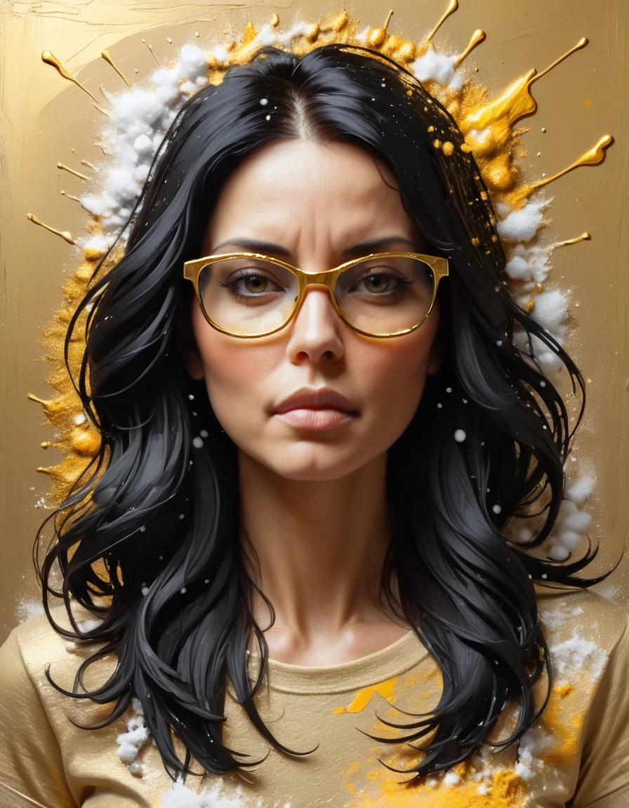 Oil painting style art abstract impressionism painting with rough brush strokes, masterpiece, best quality, a long black haired, 50yo woman ral-decoznow,glasses, a gold T-shirt, minimalist background with vibrant color splashes, looking at viewer, intricate details, solo, upper body, 3d render, cinematic lighting, detailed, volumetric, <lora:ral-decoznow:1> ral-decoznow