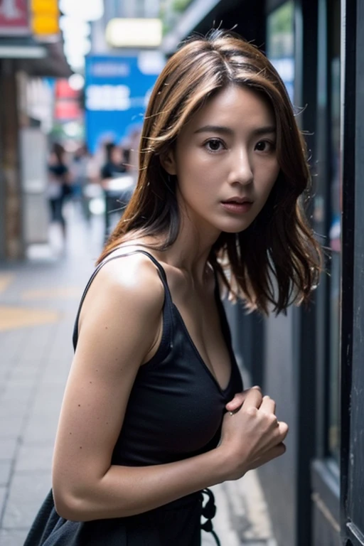 Best quality,masterpiece,ultra high res,(photorealistic:1.2),1girl,in the dark,deep shadow,low key,slim body,taipei street alley,dynamic pose,face closeup,medium breasts,brown hair,<lora:sonia_sui:0.9>,